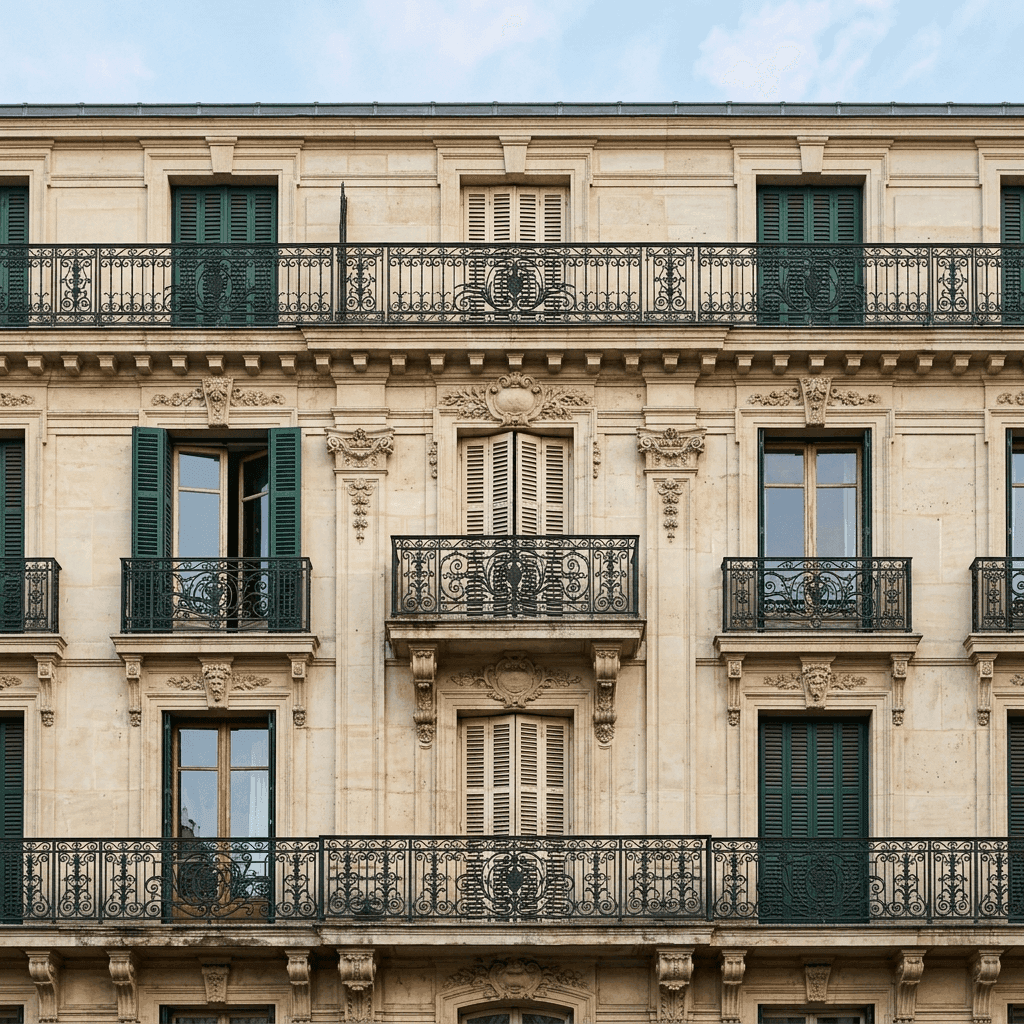 Façade haussmannienne typique d'un immeuble parisien avec balcons en fer forgé