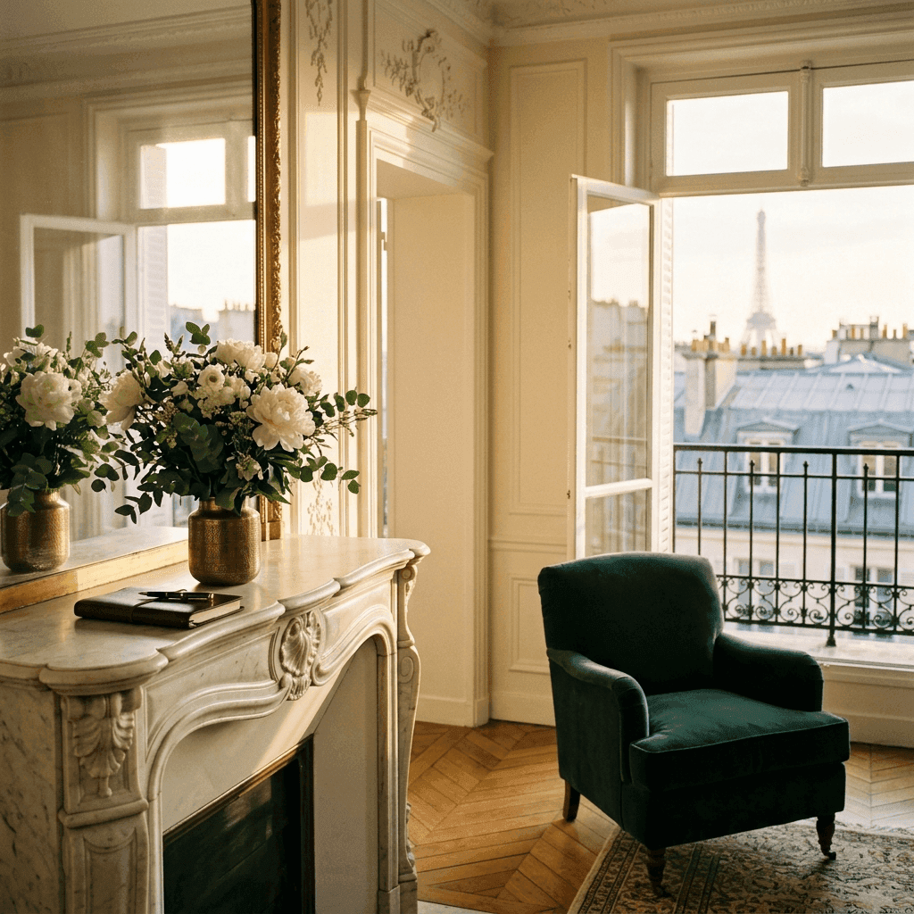 Intérieur élégant d'un appartement haussmannien parisien avec vue sur la Tour Eiffel