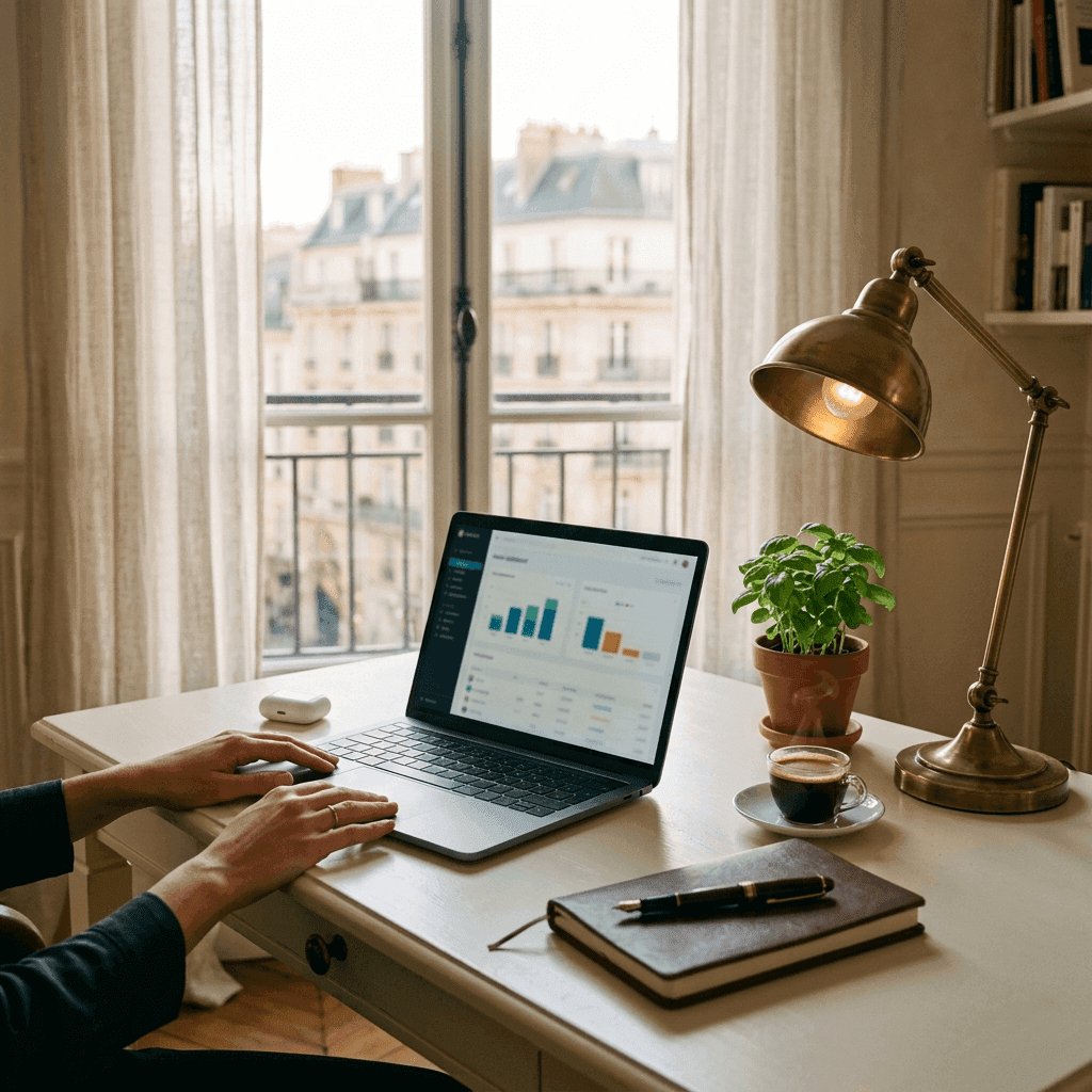 Femme en télétravail devant un ordinateur et un appartement parisien en arrière-plan