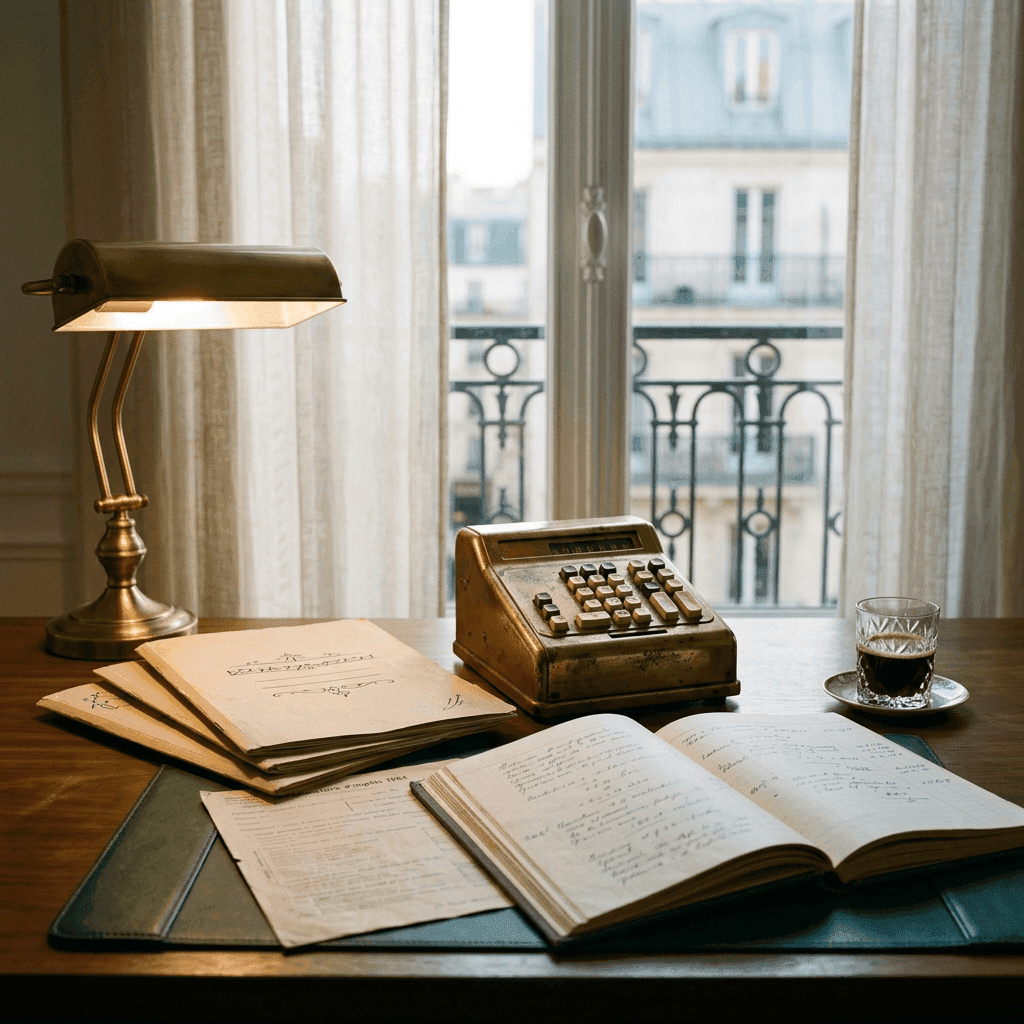 Calculatrice, dossiers fiscaux et stylo sur un bureau en marbre parisien