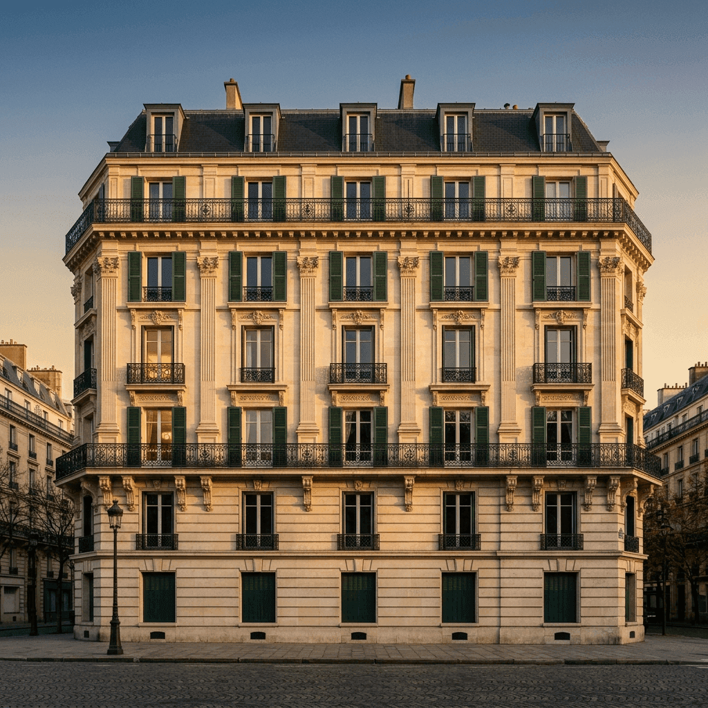 Bâtiment haussmannien classique du centre de Paris sous un ciel doré