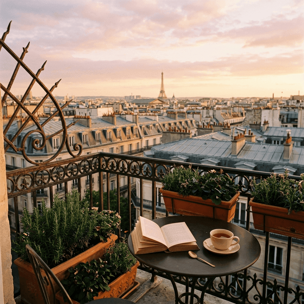 Vue panoramique des toits de Paris haussmannien depuis un balcon parisien