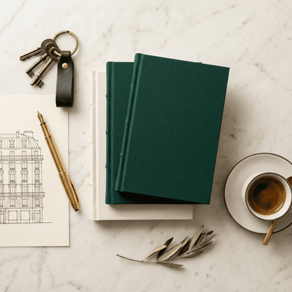Clés dorées et stylo plume de luxe posés sur un bureau en marbre à Paris
