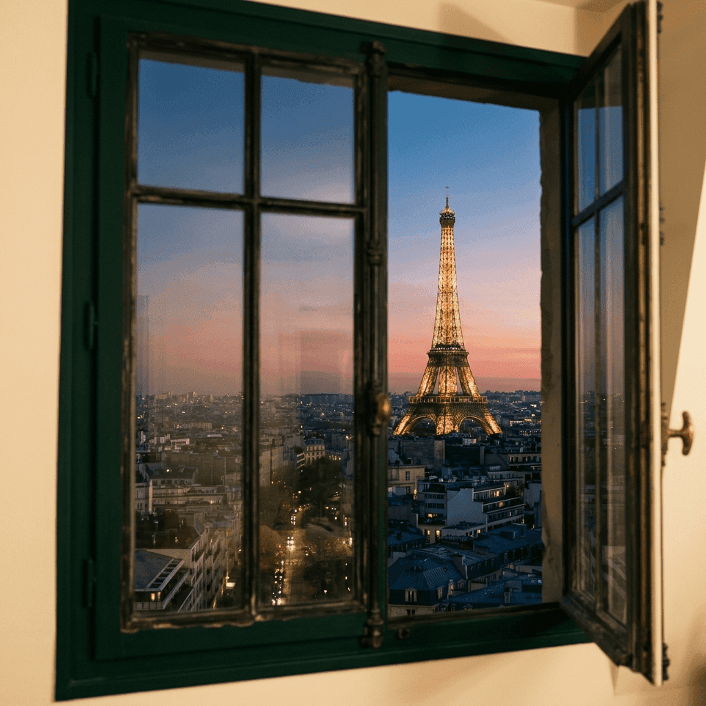 Tour Eiffel illuminée au crépuscule sous un ciel changeant
